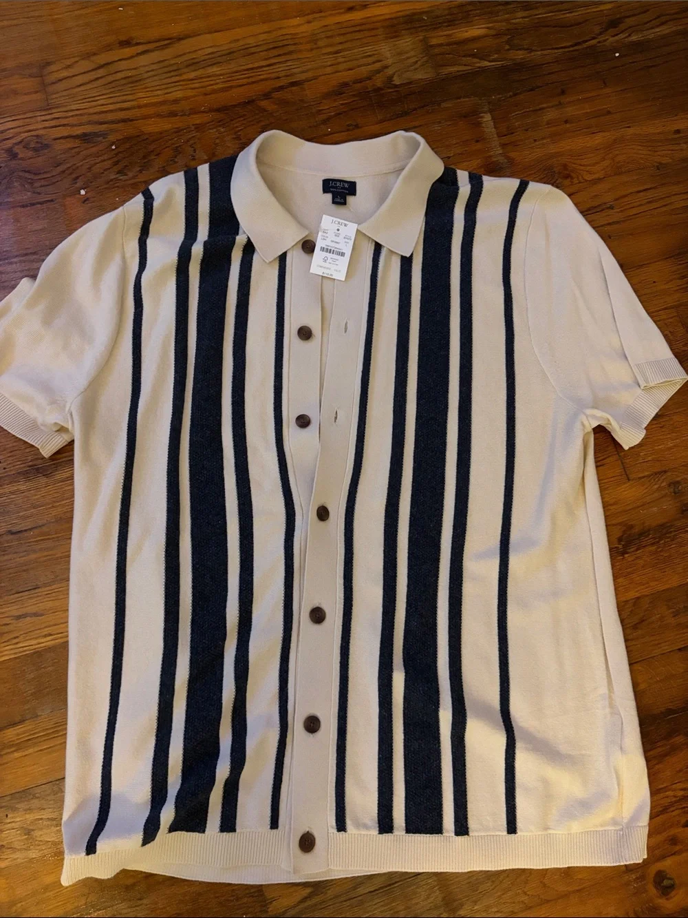 J. Crew Cream Short-Sleeve Polo Cardigan with Navy Vertical Stripes